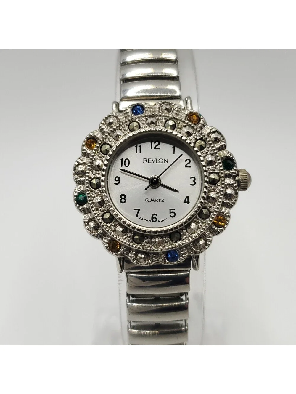 Revlon Multicolor Gem Bezel Quartz Womens Watch 26mm Stretch Band New Battery